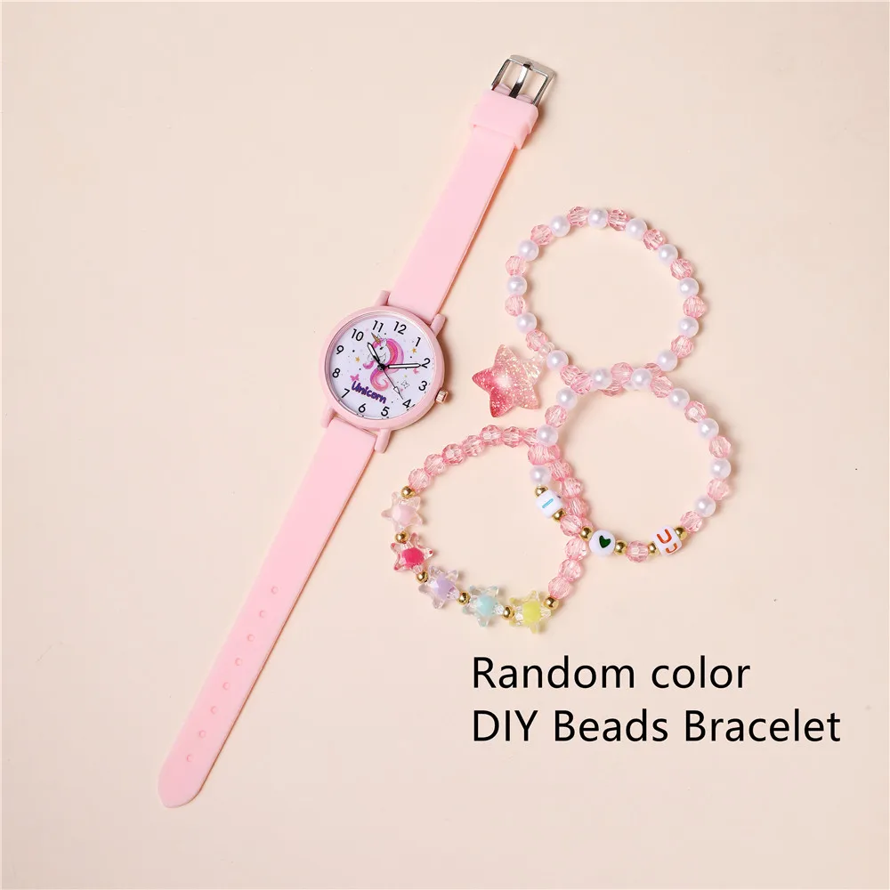 Pink Unicorns Children Watch Set For Girls Cute Horse Patterns Silicone Kid Wristwatch