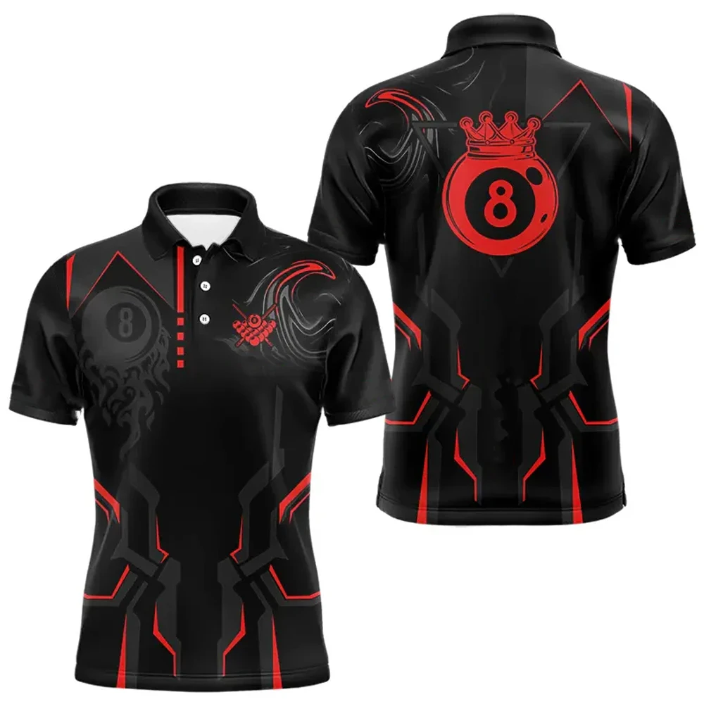 Camisas de billar para hombre con corona de 8 bolas, camisas de equipo de billar rojas y negras, camisetas de piscina de manga corta, camisetas de gran tamaño para exteriores
