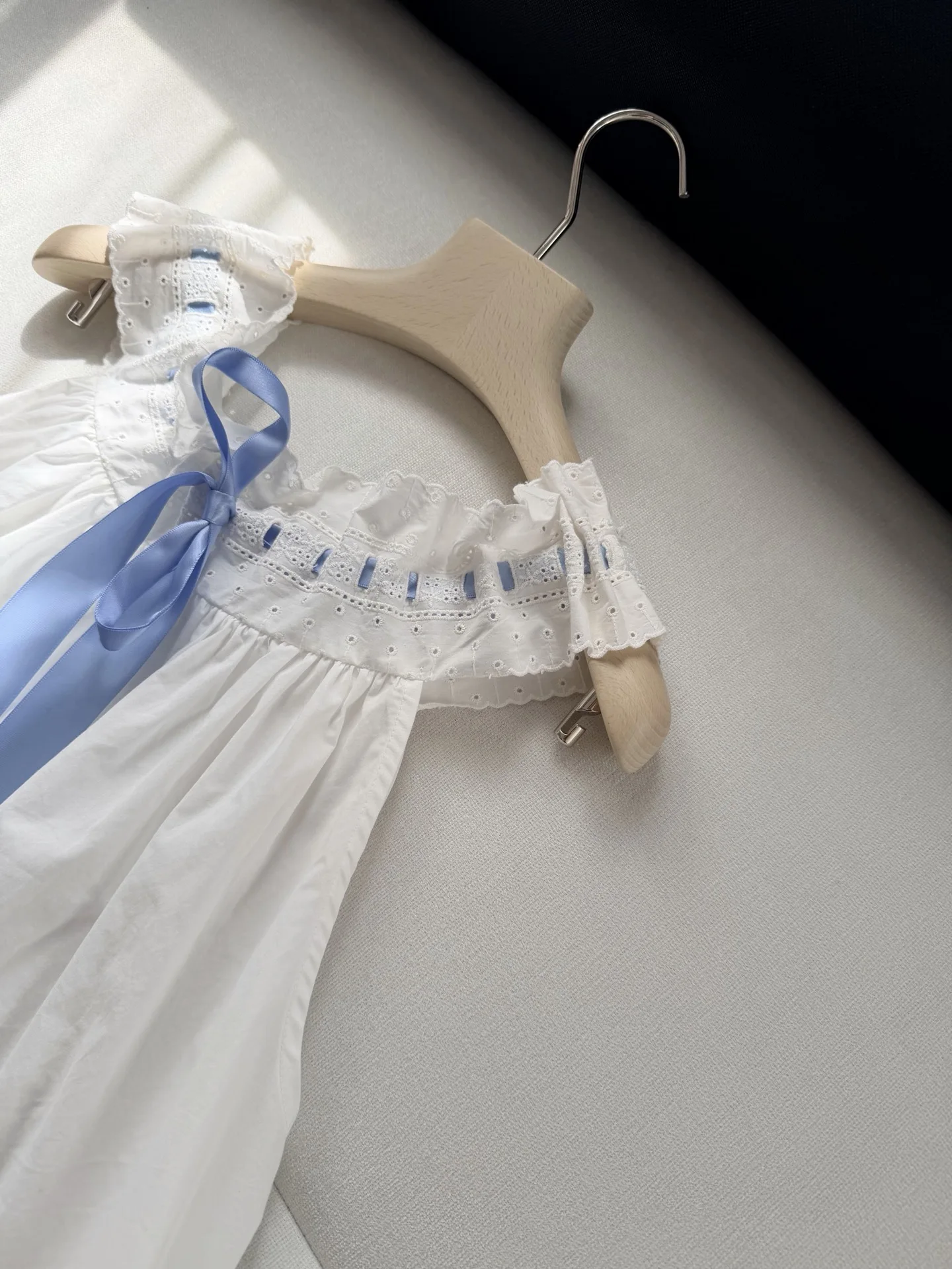 Women Blue Ribbon Cotton Set Embroidery Hollow Out Round Neck Sleeveless Vest + Elastic Waist Shorts Casual Female Suit