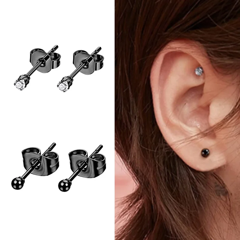 Stud Earrings For Men Women Small Black Stone CZ Crystal Stainless Steel Punk Cubic Zirconia Helix Hypoallergenic Gothic Jewelry