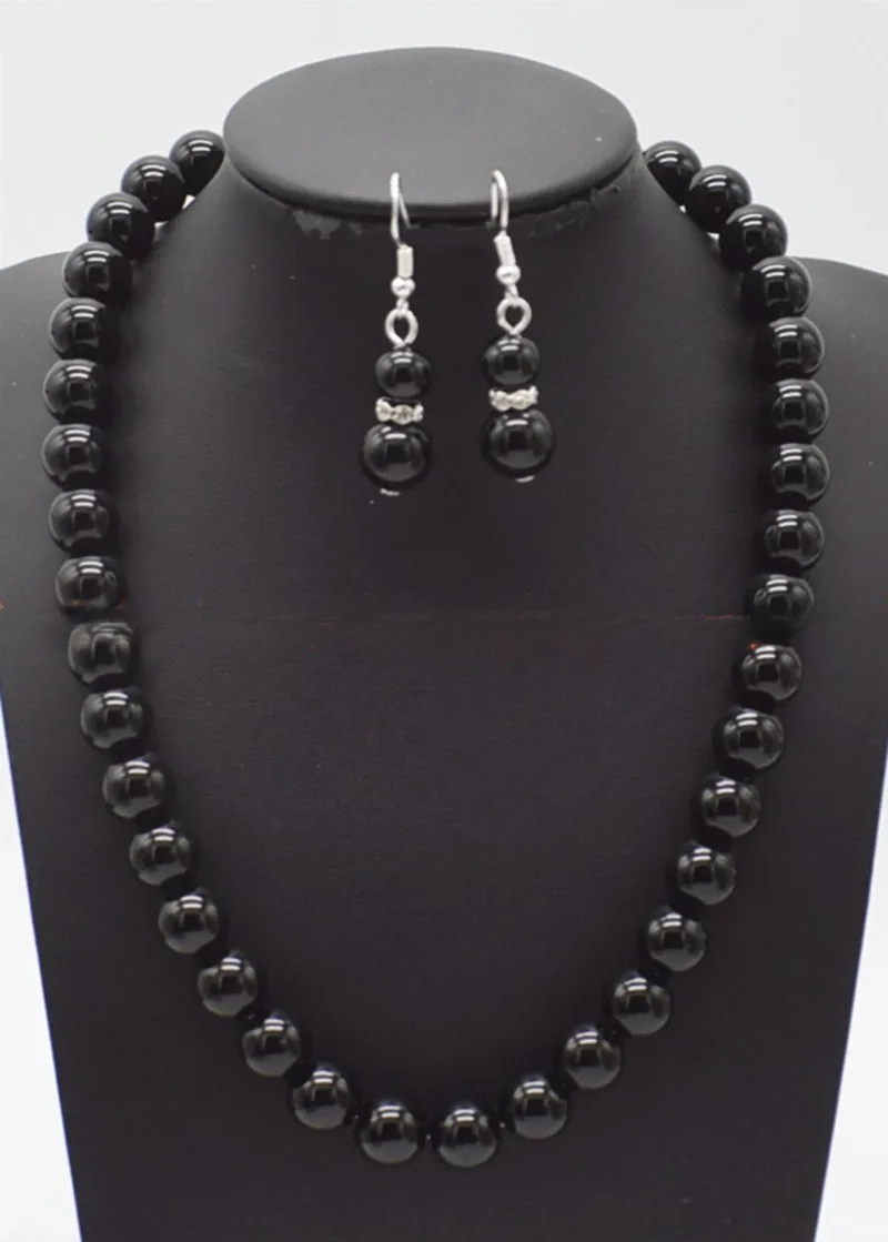 6/8/10/12mm Natural Black Agate Round Gemstone Beads Necklace Earrings Set 20