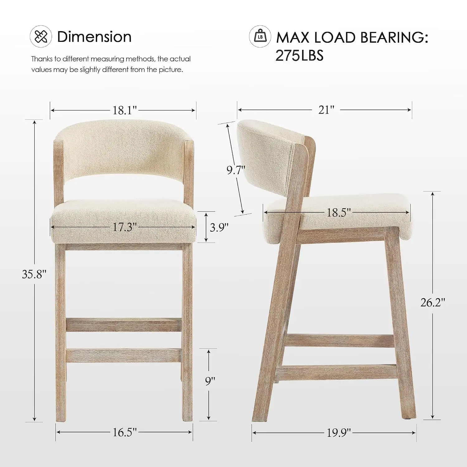 Counter Stools Set of 4, Upholstered Bar Stools with Back & Wood Legs,  Linen Seat Beige Brown, Customized