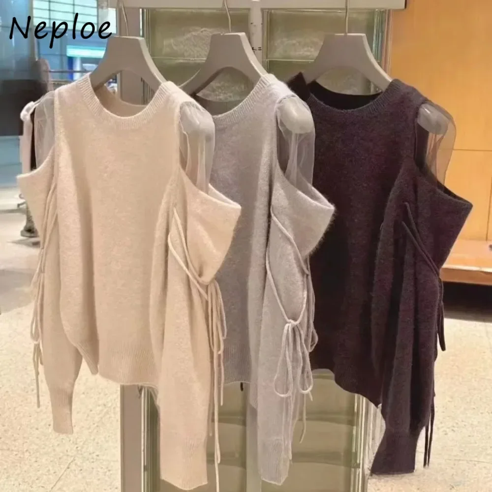 Neploe Sweet O Neck Puff Sleeve Off Shoulder Pullovers Lace Up Fur Fluffy Exquisite Pull Femme Japan Classics Celebrity Mujer