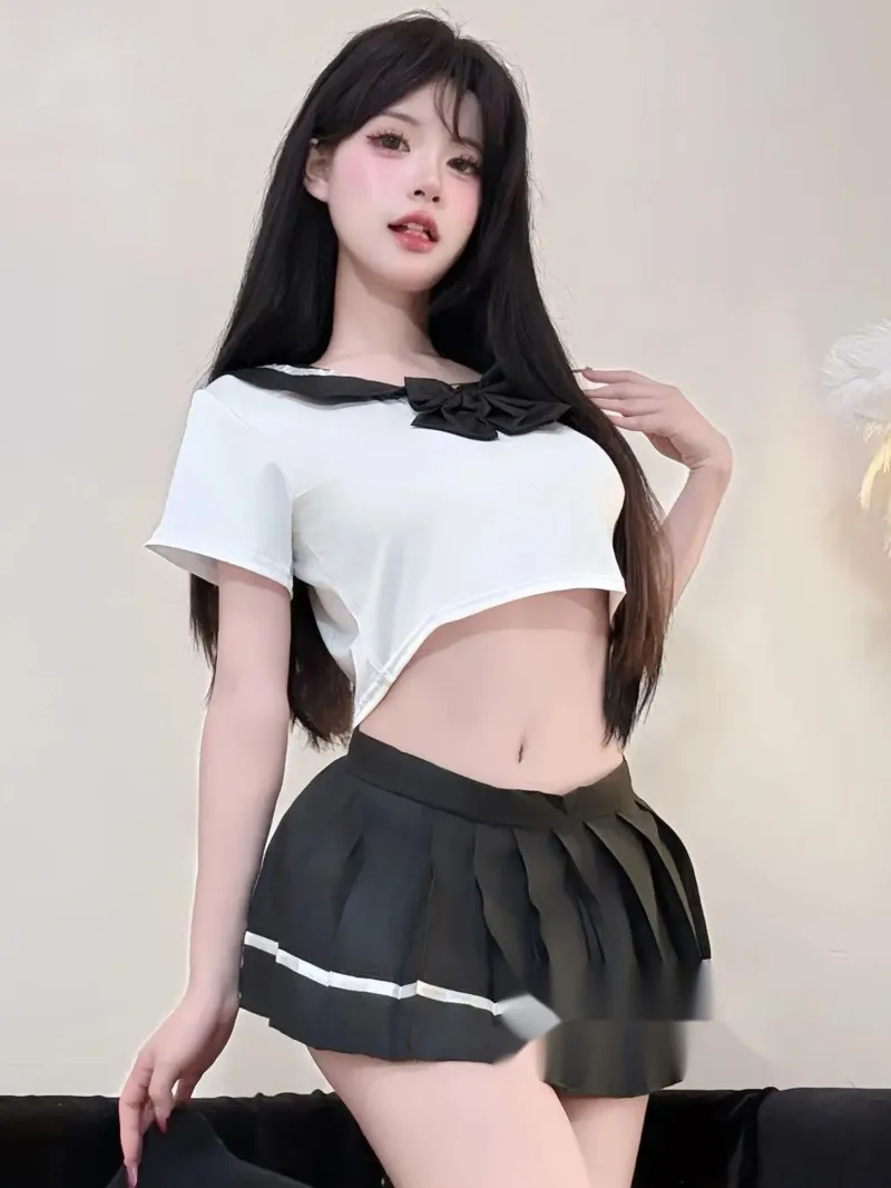 

Sexy Fun Outfit Cute Short Skirt College Style JK Uniform Nightclub Short Sleeved Top Bowknot Pleated Skirt Set Pure Desire 0P73