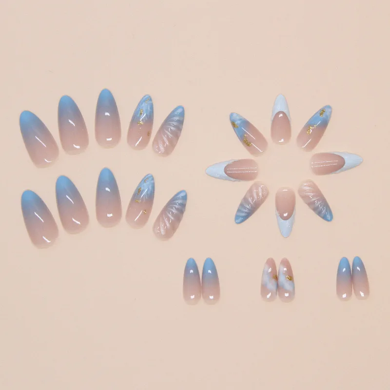 24pcs Ocean Fake Nails Long Almond Head Press On Nails Y2k False Nails 3D Crystal Stripe Decor Wearable Blue Gradient French Tip