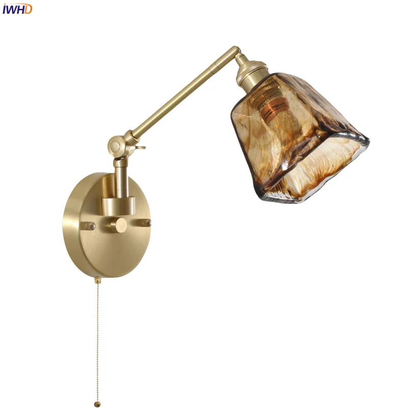

IWHD Japanese Vintage Glass LED Wall Lights Bathroom Mirror Loft Living Room Bedroom Lamp Pull Chain Left Right Rotate Wandlamp