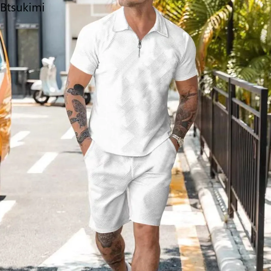 Summer New Jacquard Casual Sets Men's Fashion Half Zip Short-sleeved Polo Shirt and Shorts Two Piece Sets Men Loose Sport Outfit