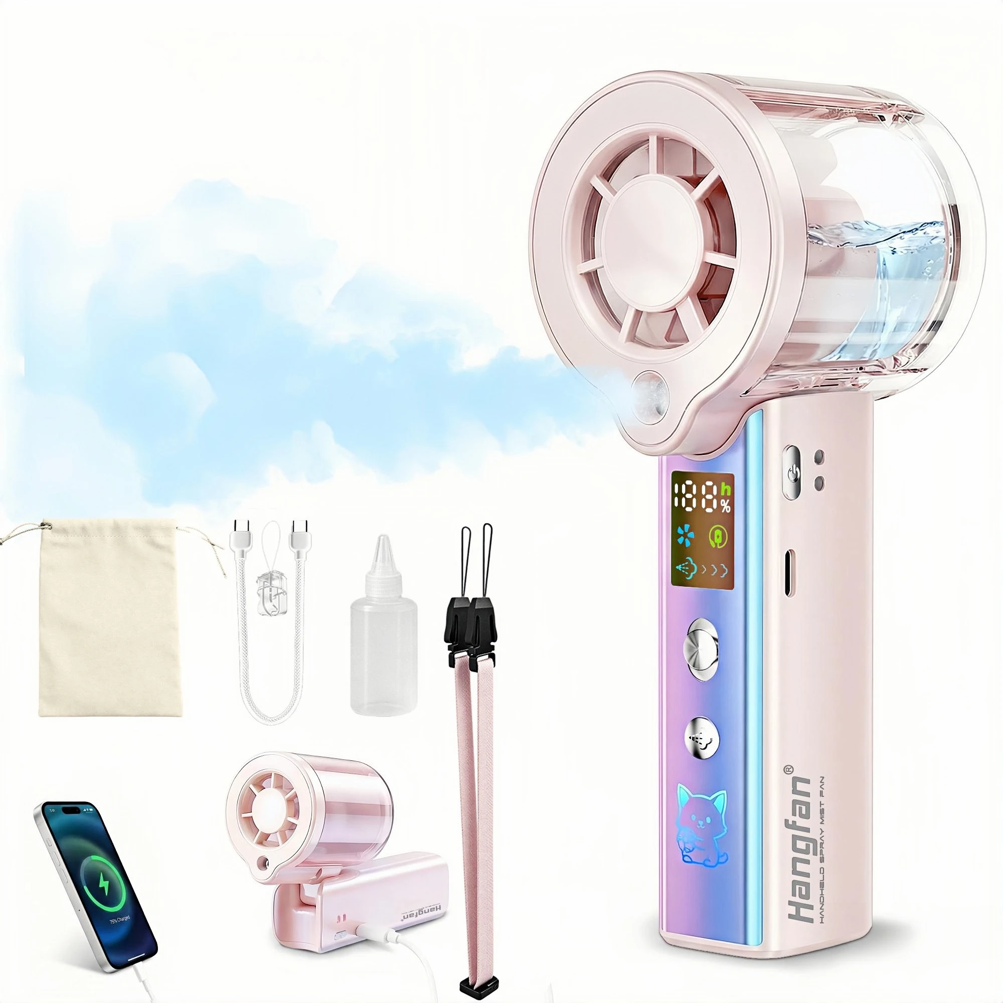 

4-in-1 portable spray handheld fan, Extra-large battery USB rechargeable spray fan, 100 gear adjustable, mini fan, foldable personal fan, LED display, Applicable to makeup/shopping/concert