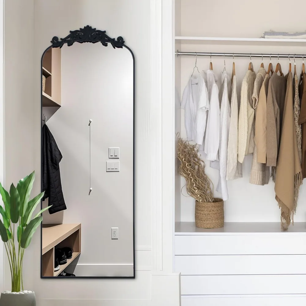 Vintage sierlijke gesneden vrijstaande vloerspiegel over de volledige lengte, 58x18 inch, aan de muur gemonteerd of hangend, elegante vintage stijl
