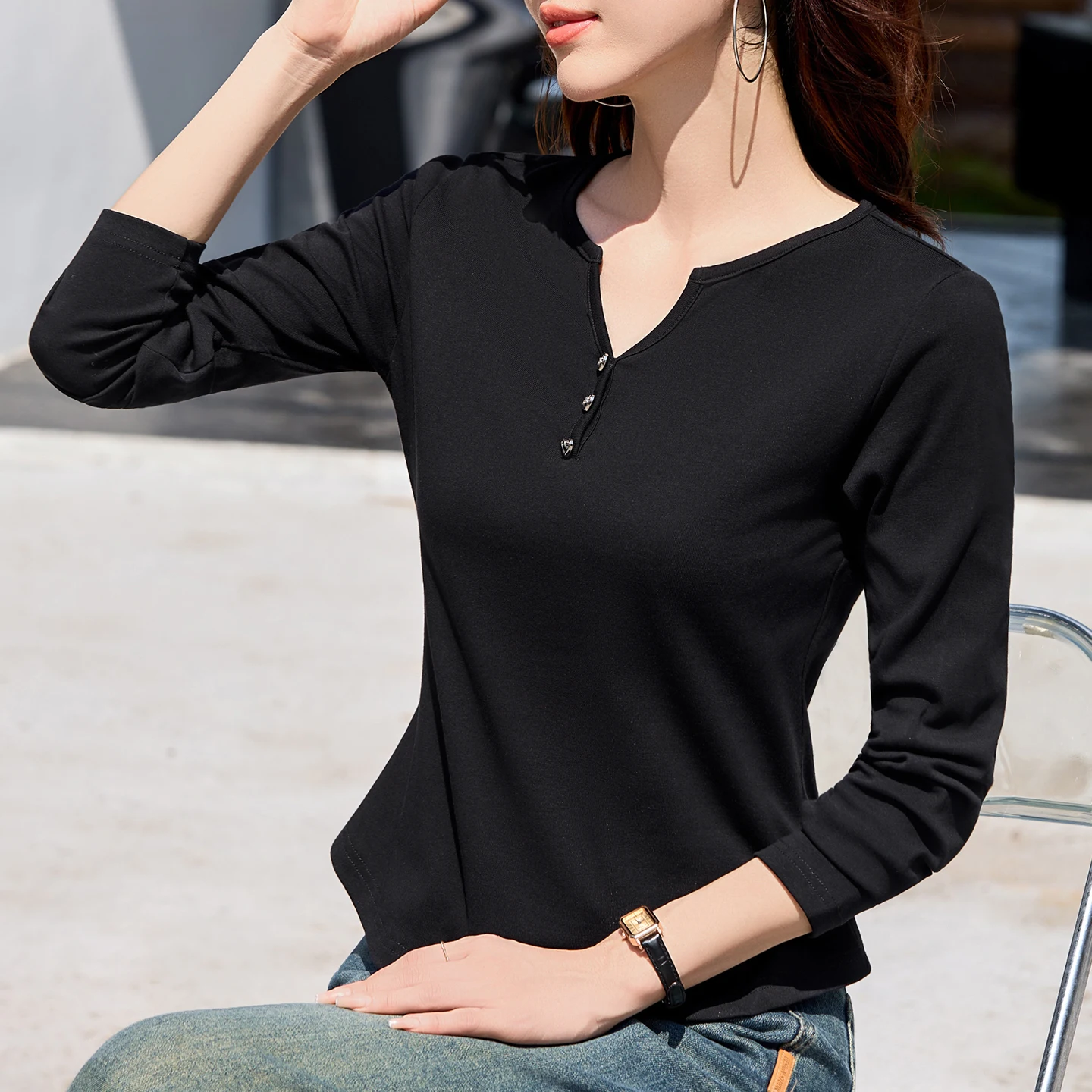 V-Neck Solid Color Stretch Cotton Shirt Women's Long Sleeve Slim Fit Basic Top Everyday Comfortable Casual Wear