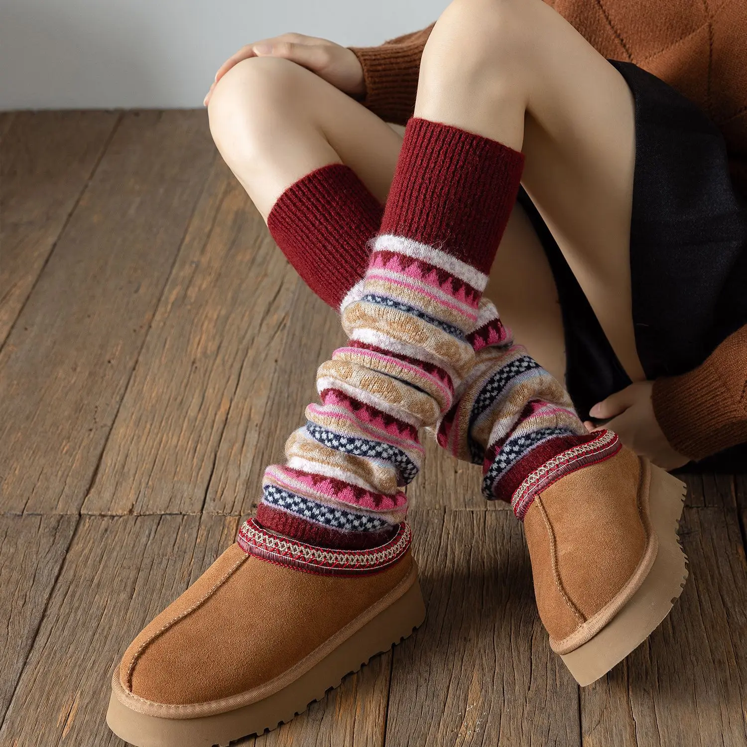 

Bohemian Heart Pattern Knitted Leg Warmers Over The Knee Boot Cuffs Yoga Dance Ballet Socks, Winter Warm Knitwear Gifts Women​