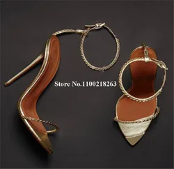 Luxurious Gold Silver Chains Straps Thin Heel Sandals Pointed Open Toe Ankle Narrow Straps Stiletto Heel Sandals Wedding Heels