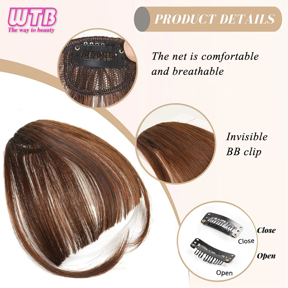 Fringe Bangs Synthetic Hair Topper Extensions Clip In Brown False Hairpiece with Temples for Women Short Styling Accessories
