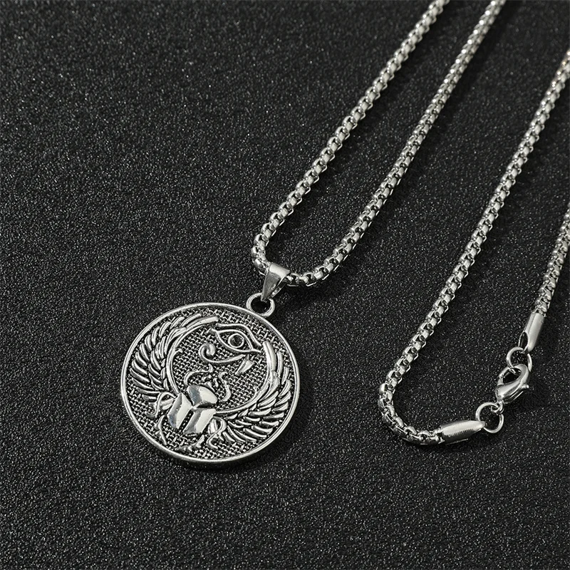 Ancient Egyptian Eye of Horus Scarab Medal Pendant Necklace Vintage Silver round Coin Amulet Hip Hop Street Jewelry for Men
