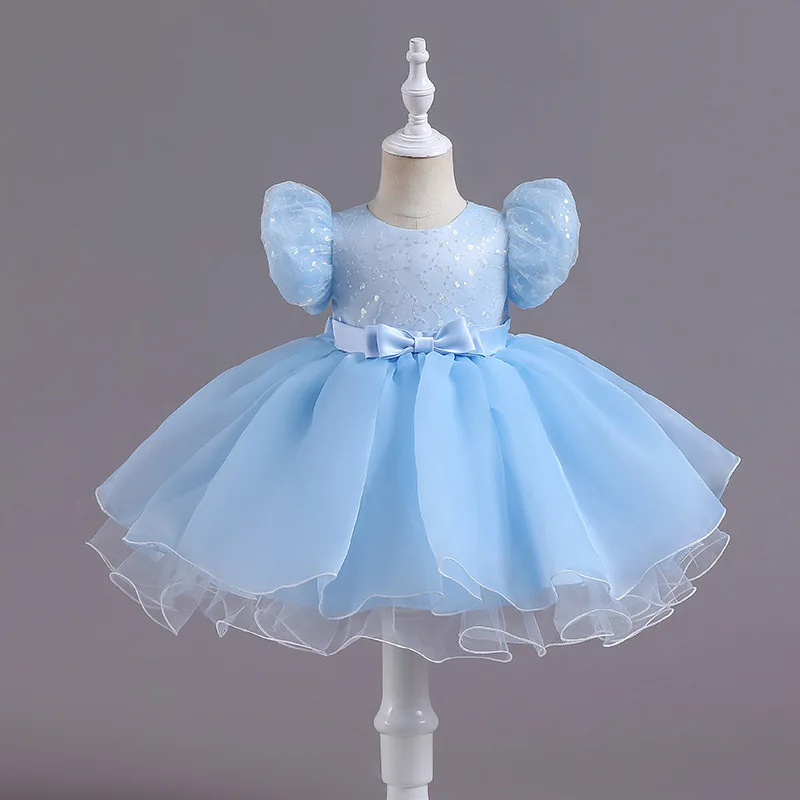 Nuevo vestido de fiesta de cumpleaños de princesa para niños, manga de burbuja de lentejuelas, malla de encaje, vestido esponjoso, vestido de noche de fiesta