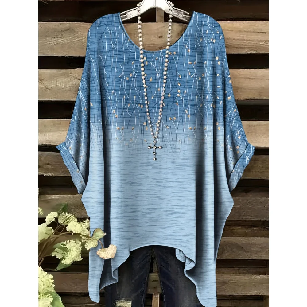 

Fashion Gradient T-Shirts for Women Summer Simple Gradient Irregular Hem O-Neck Short Sleeve T-Shirt Versatile Women's Clothing