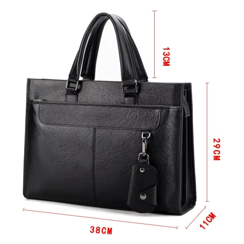 New Men's Handbag Leather Briefcase Large Capacity Business Trip Computer Bag Document Case with a Detachable Key Bag