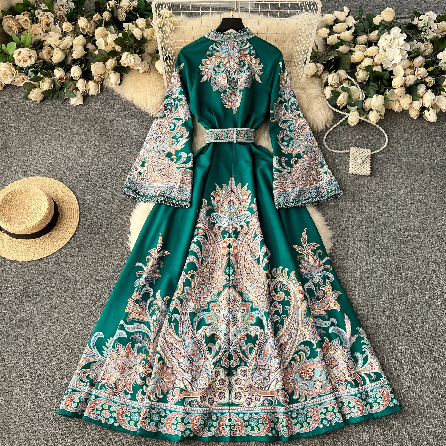 Autumn Elegant Long Luxury Dress for Women Floral Printed Flared Sleeve Stand Collar Cotton Palace Ruched Paisely New In Chic