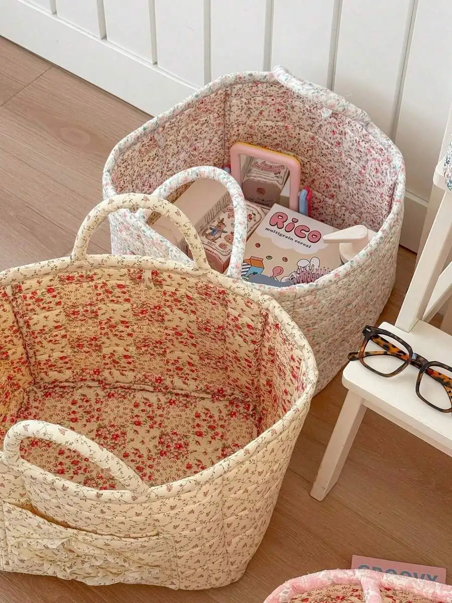 

Floral Quilted Storage Basket With Handles Foldable Large Capacity Organizer For Home Bedroom Bathroom