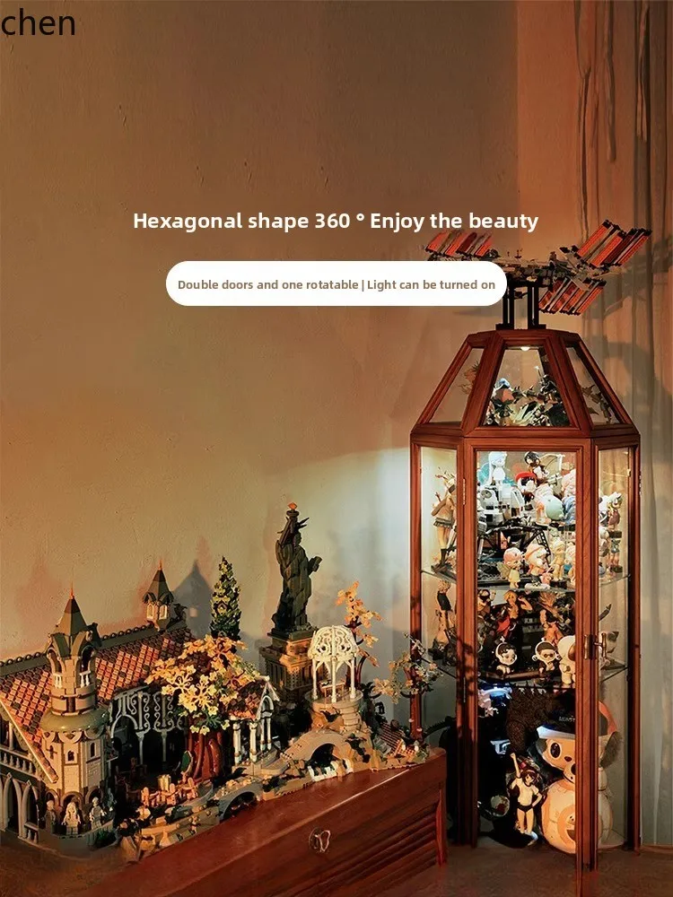 PYH Glass Display Cabinet Cherry Wood Rotating Lego Figure Model Storage Wine Cabinet