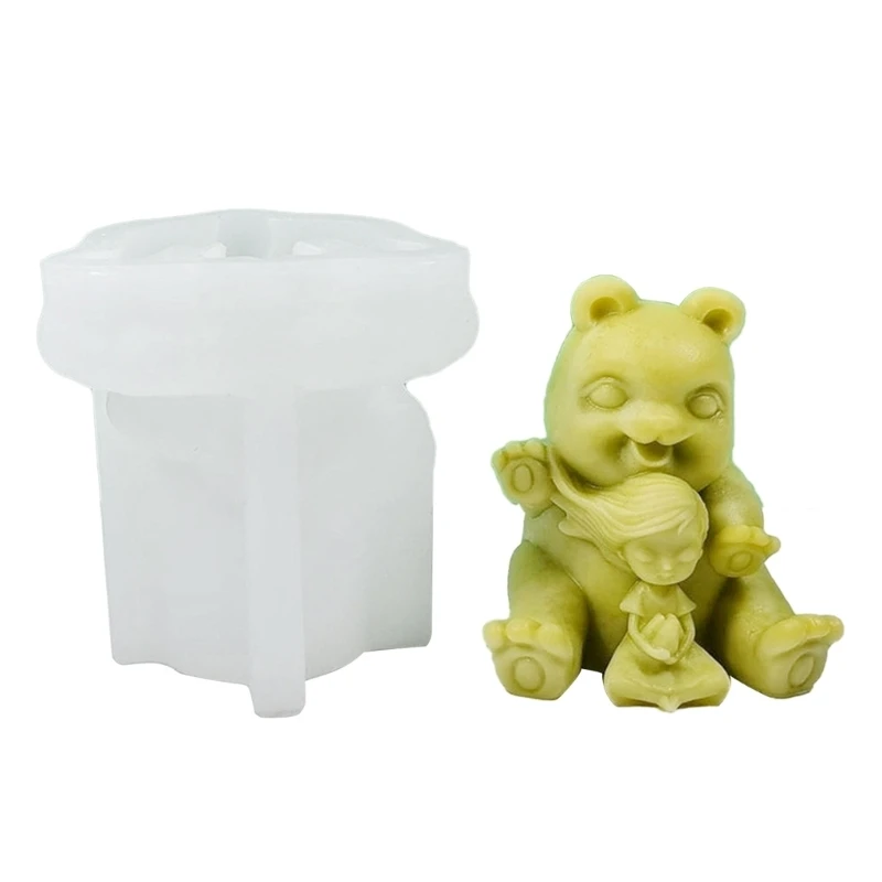 Molde de silicone animal exclusivo, ornamento de gesso, molde de resina 3D, urso e menina, fondant