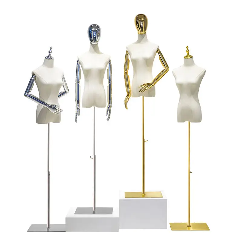 

Plating Gold Silver Arm Flexible Adjustment Women's Clothing Store Linen Mannequins Female Half Body with Gold Head