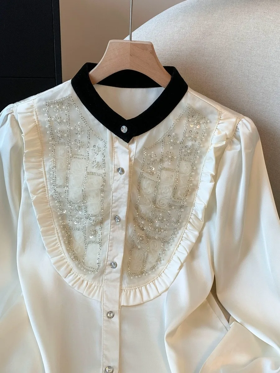 Ele Paillettes Embellished Satin irt Donna Autunno Faion Pendolarismo Sle Coreano Loose Fit Lungo Sve Casual irt