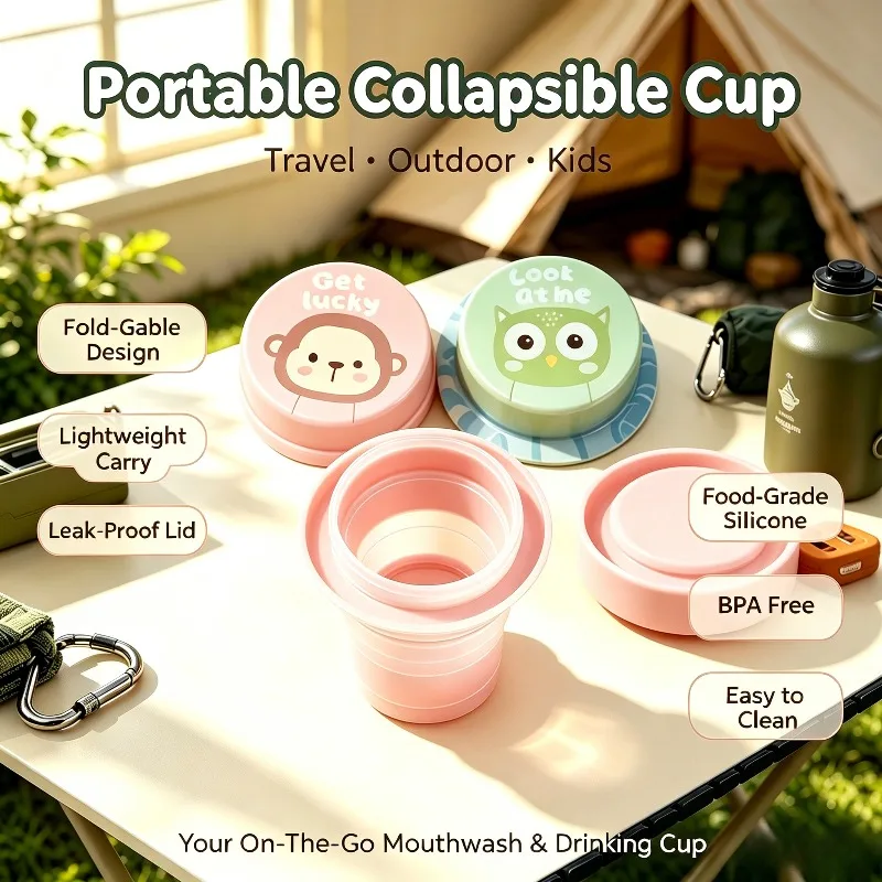 Cute Cartoon Animal Telescopic Collapsible Cup, Portable  Kids Travel Mouthwash Foldable Mini Water Cup for Camping Hotel Trip