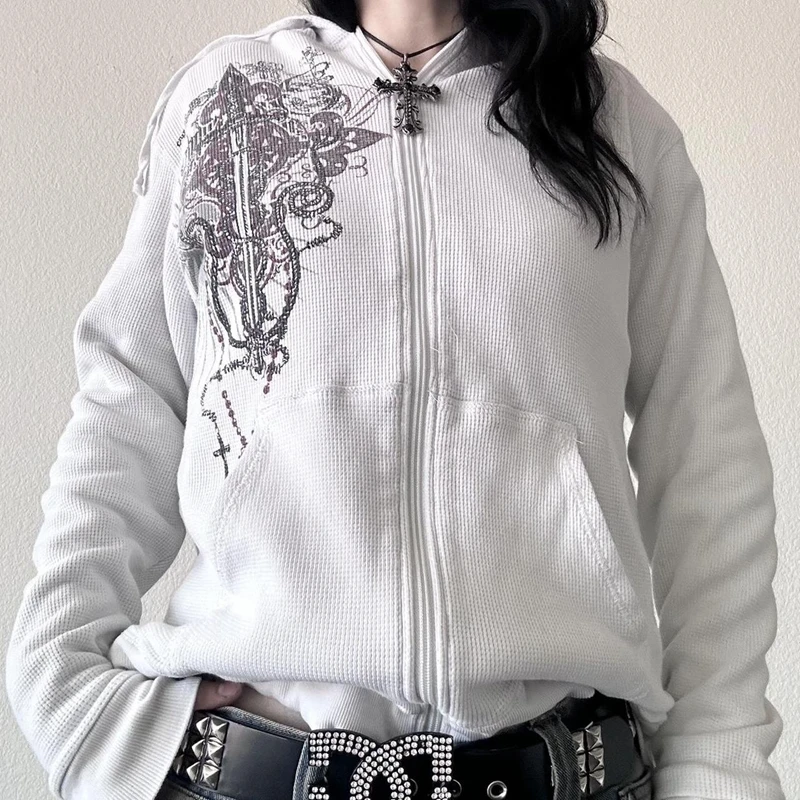 Sweats à capuche zippés à imprimé graphique pour femmes, vestes à manches longues, sweat-shirt Y2K, grunge, Cyber Goth, Emo, esthétique rétro des années 00, CombWomen, automne