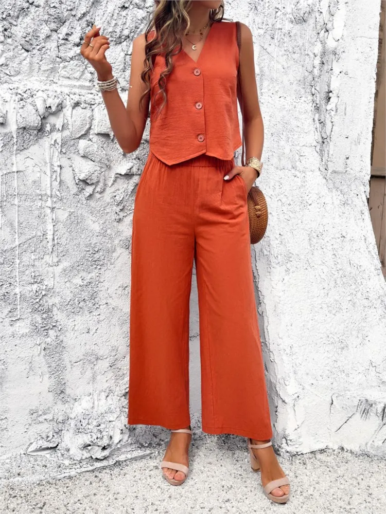 Fashion Solid Set Lady Casual V Neck Sleeveless Button Tops+High Waist Wide Leg Pants 2 Piece Sets Women Elegant Office Clothes
