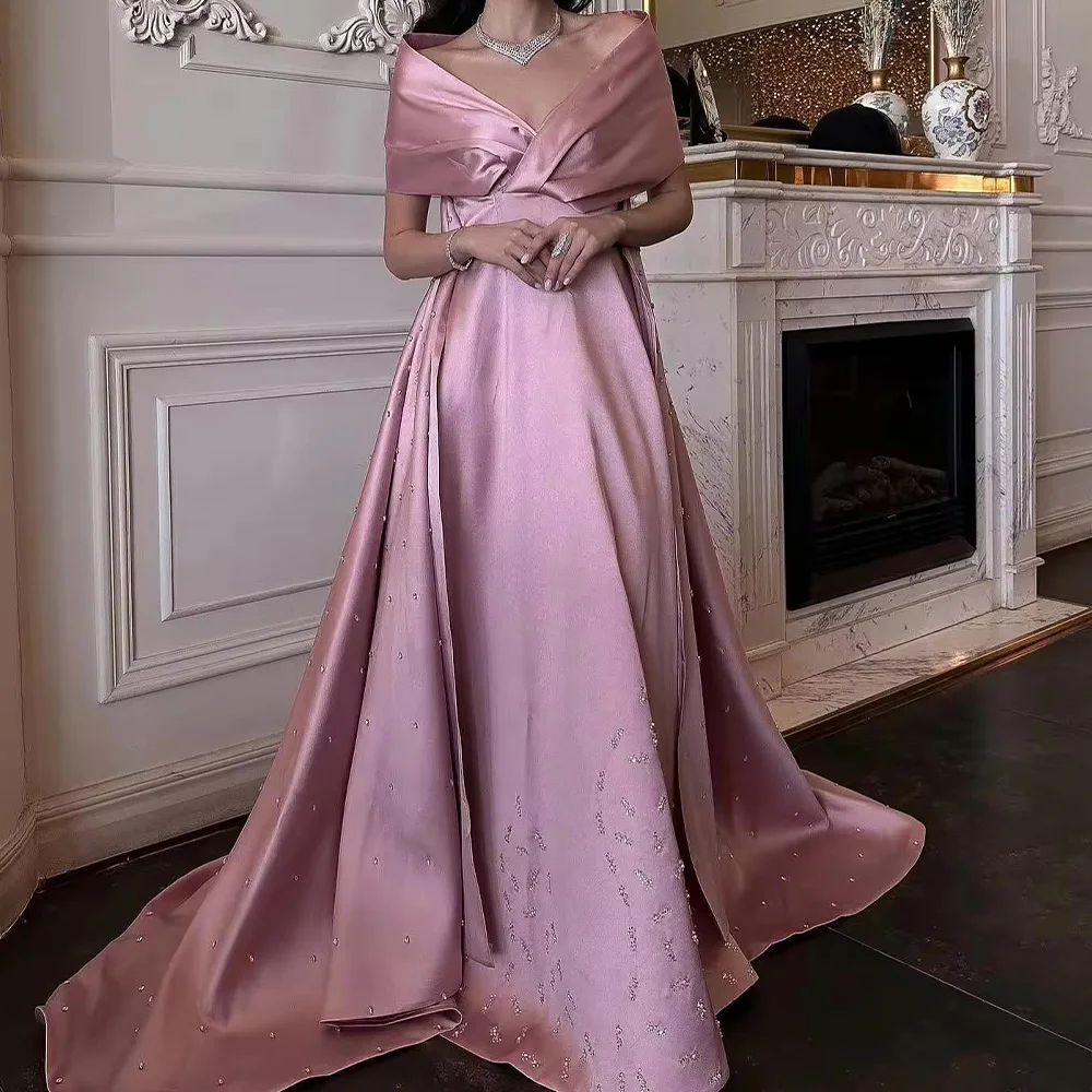 Customized Exquisite Panel Train Pleats Crystal Evening Dresses Graceful A-Line Off the Shoulder Satin Half Sleeves Party Gowns