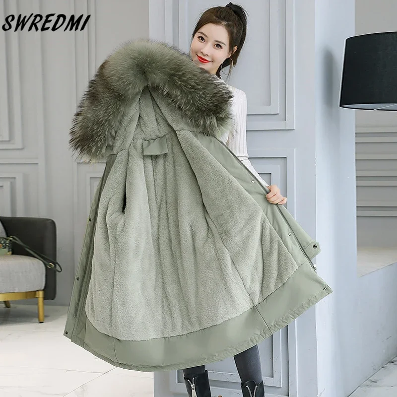 SWREDMI Dicke Warme Winter Mantel Frauen Winter Jacke Pelz Futter Plus 5XL 6XL Mit Kapuze Weibliche Lange Parkas Schnee Tragen Padded kleidung