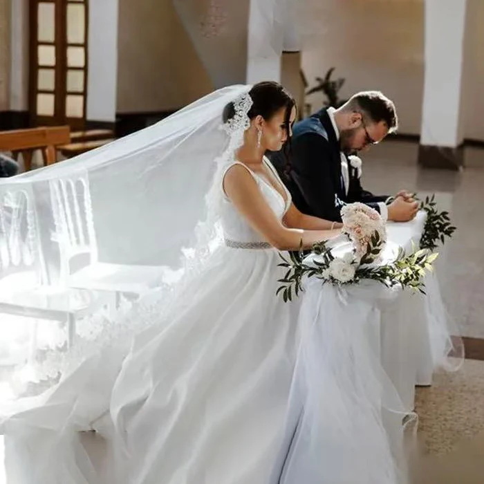 تخصيص الترتر كاتدرائية الحجاب الزفاف الدانتيل حافة 1 طبقة مع مشط معدني 3 أمتار طويلة طرحة زفاف اكسسوارات الزفاف