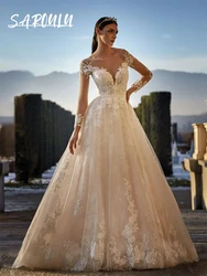 Vintage Lace Lace Wedding Dress Full Illusion Sleeves Sheer Neck Champagne Bridal Gown Women's Romantic Tulle Bride Dresses