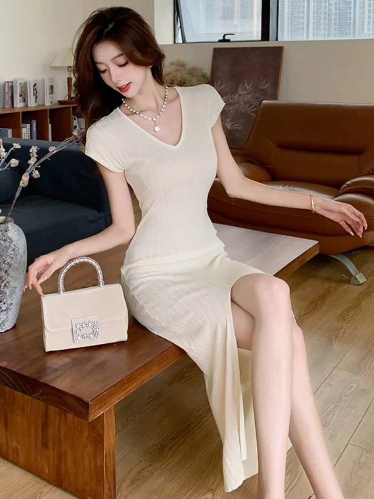 مثير محبوك الدكتور المرأة التخسيس طويلة سبليت V-Ne Bodycon تنورة Ci تخفيف ملابس يومية غير رسمية الصيف Faion Ele