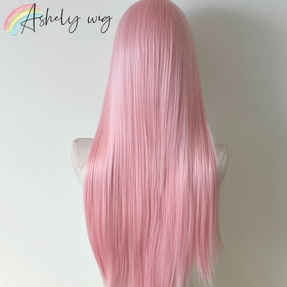 Peluca rosa claro para mujer con frente de encaje 13x4, 26 pulgadas larga lacia sintética, suave y natural, resistente al calor, para cosplay 4