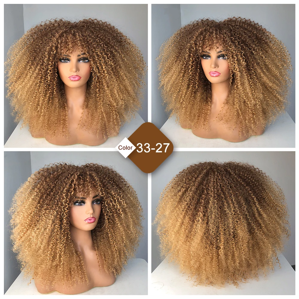 Peruka z lokami s dla czarnych kobiet Afro peruka z kręconych włosów typu Kinky peruka z lokami z Bangs Bouncy puszyste syntetyczne naturalne włosy na imprezę Cosplay żaroodporne