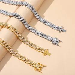 Hip Hop Men Women 9MM Prong Cuban Link Chain Necklace Bling Iced Out 2 Row Rhinestone Paved Miami Rhombus Cuban Necklace Jewelry