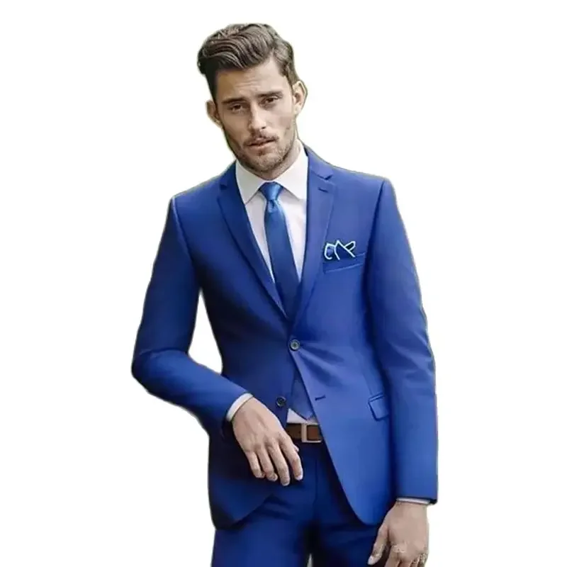 

2 Piece2024 Wedding Men Suits Blue Single Breasted Notch Lapel Blazer Flat Front Skinny Jacket Pants Male Clothing Terno Blazer