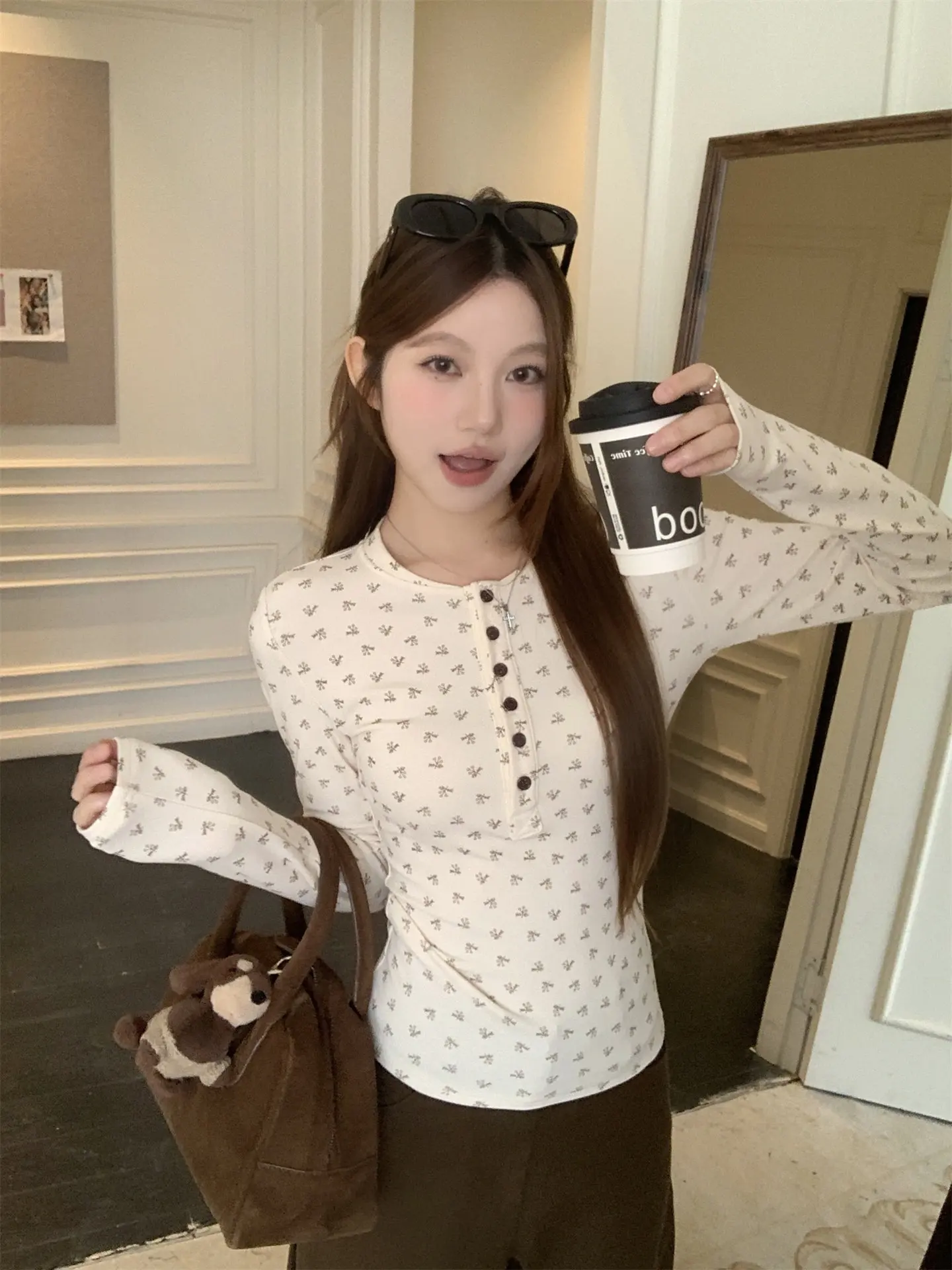 

Henry Collar Button Long Sve T-irt Autumn Winter New Sle Gentle Wind Slim Design Sensation Slimming Base irt Top
