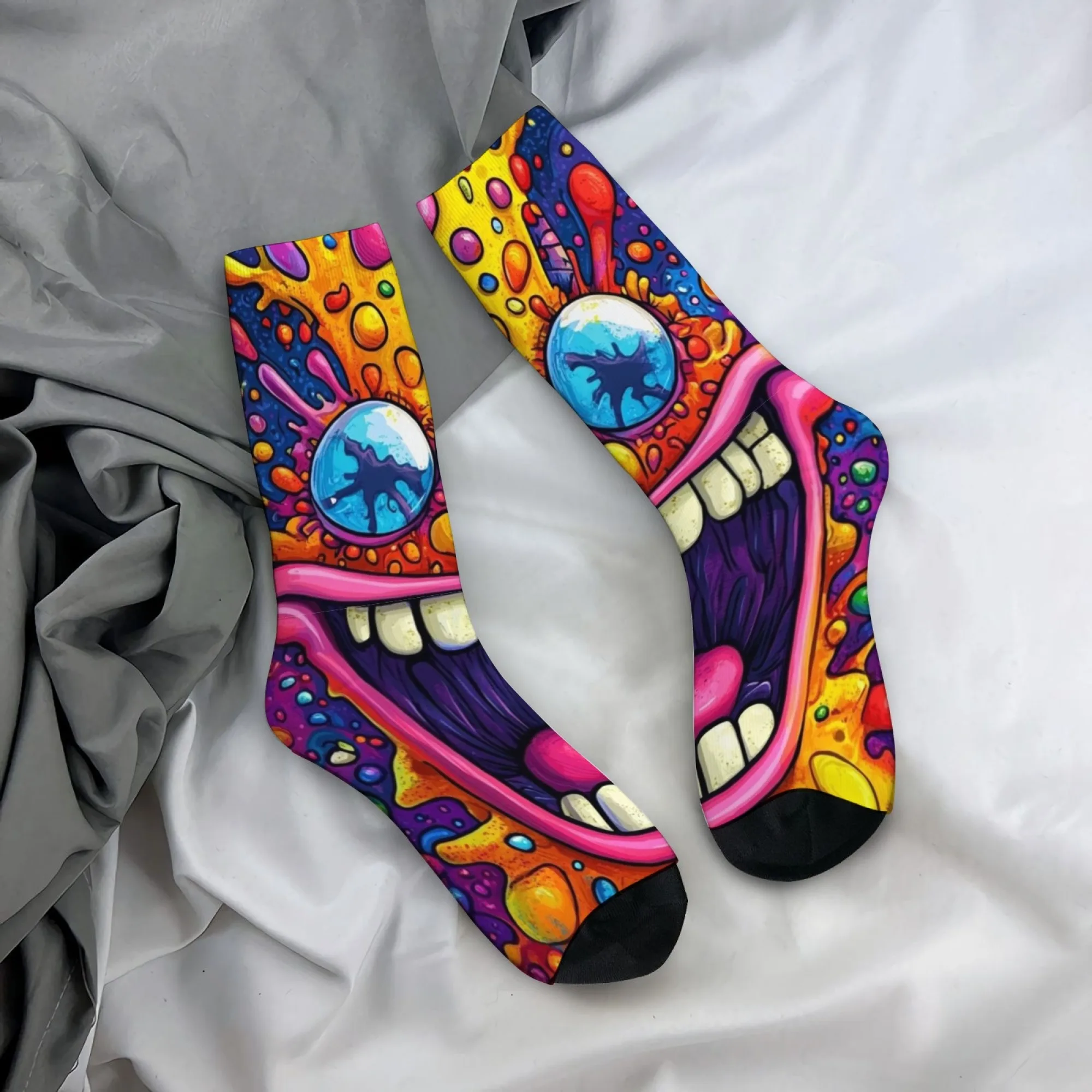 1 Paar neuartige Crew-Socken, skurriler Cola-Grafikdruck, Schwarz mit Grün und Orange, angenehm zu tragen, lustig, langlebig, verspielt, atmungsaktiv