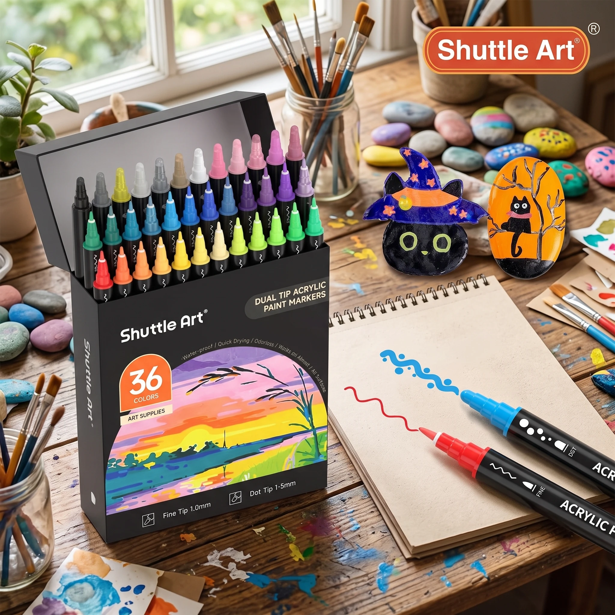 Shuttle Art 36 Colors Dual Tip Acrylic Paint Markers, Dot Tip and Fine Tip Acrylic Paint Pens for Rock Painting, Ceramic, Wood, Canvas, Plastic, Glass, Stone, Calligraphy, Card Making, DIY Crafts