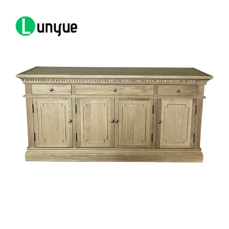 Vintage French Farmhouse Solid Oak Carved Side Cabinet with 3 Drawers Customizable Storage for Kitchen and Dining Room