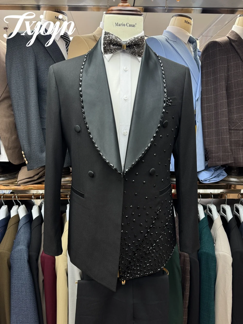 Exquisite Double Breasted Men Suit Set 3PCS 2025 Classic Shawl Lapel Men Suit For Best Man Formal Crystal Suit Trajes For Hombr
