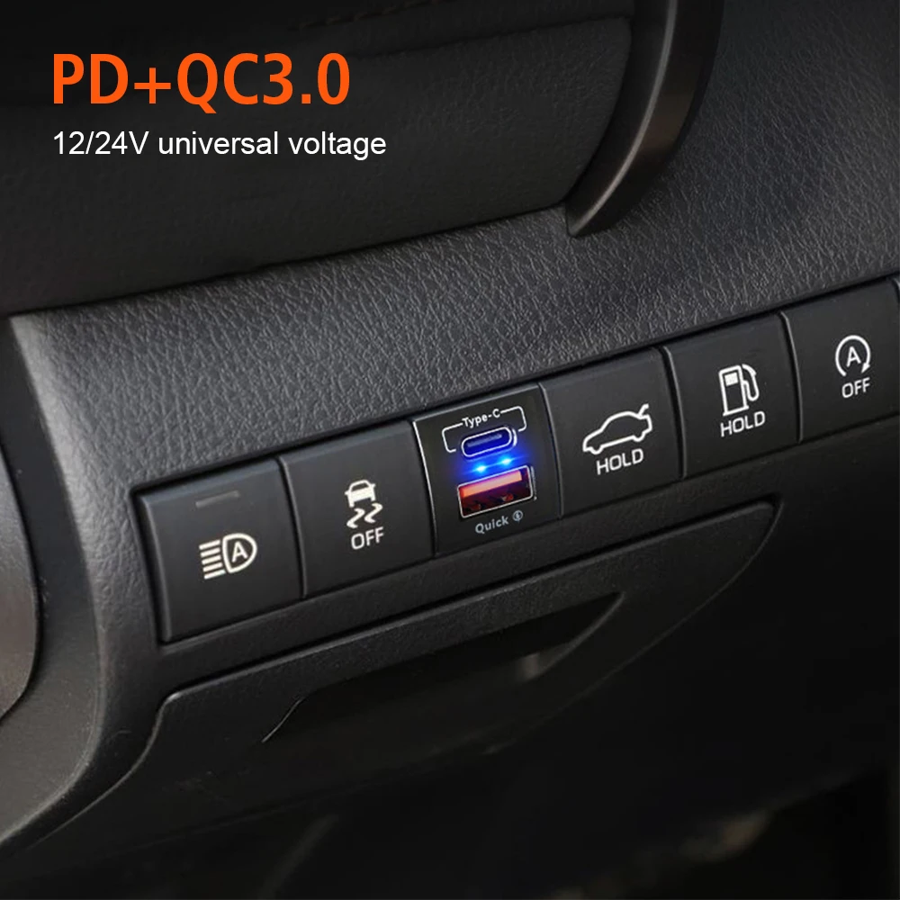 New For Toyota QC3.0 USB Type-C PD 12V Mobile Phone Accessories Power Socket 48W Fast Charger Voltmeter Quick Charge