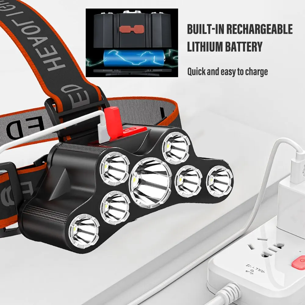 USB Rechargeable 7 LED Headlamp Super Bright Headlight 4 Lighting Modes with Adjustable Lamp Holder for Expeditions