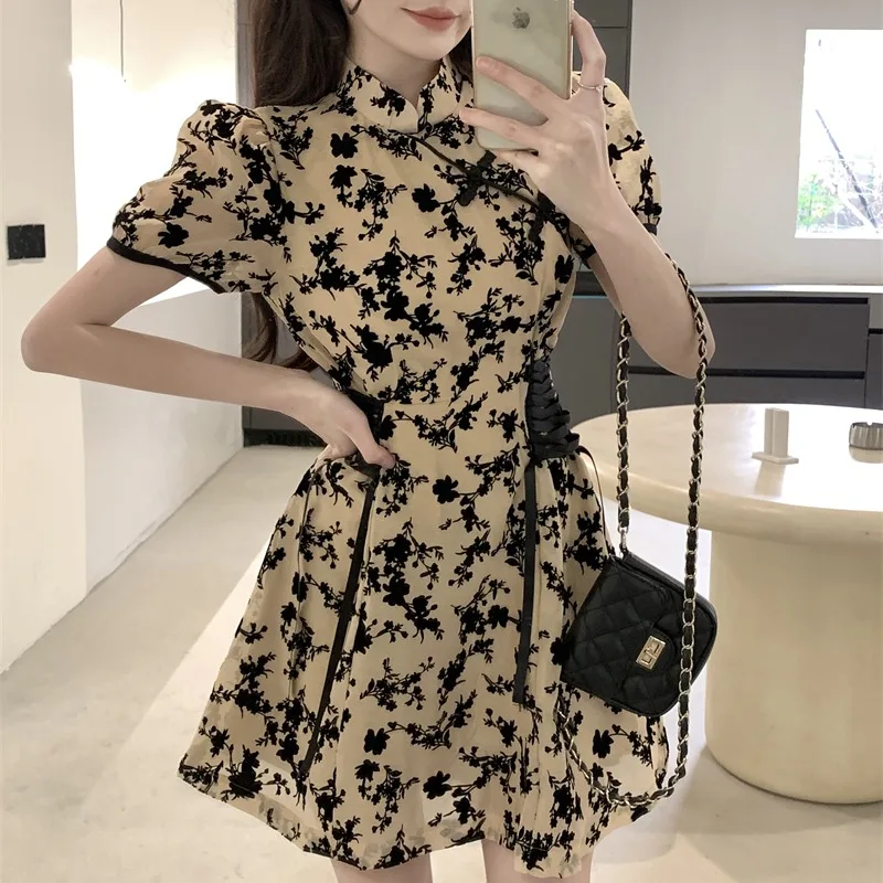

Revised Stand Collar Dress Women's Retro Floral Summer Bubble Short Sleeve Waist Cinched A-Line Skirt