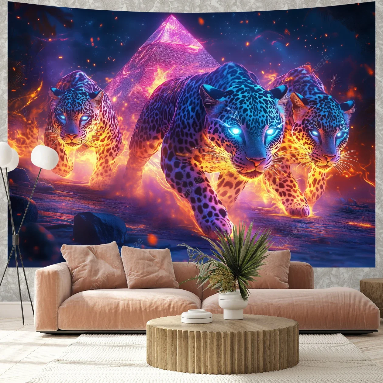 Psychedelic Cheetah UV Reactive Tapestry Egyptian Pyramids Tapestry Wall Hanging for Aesthetic Room Decor Gothic Home Wall Decor