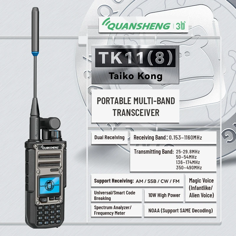 

Quansheng TK11(8) Walkie Talkie 10W High Power UHF VHF Radio AM FM SSB NOAA Receive 999 Channels Long Range Ham Radio TK11