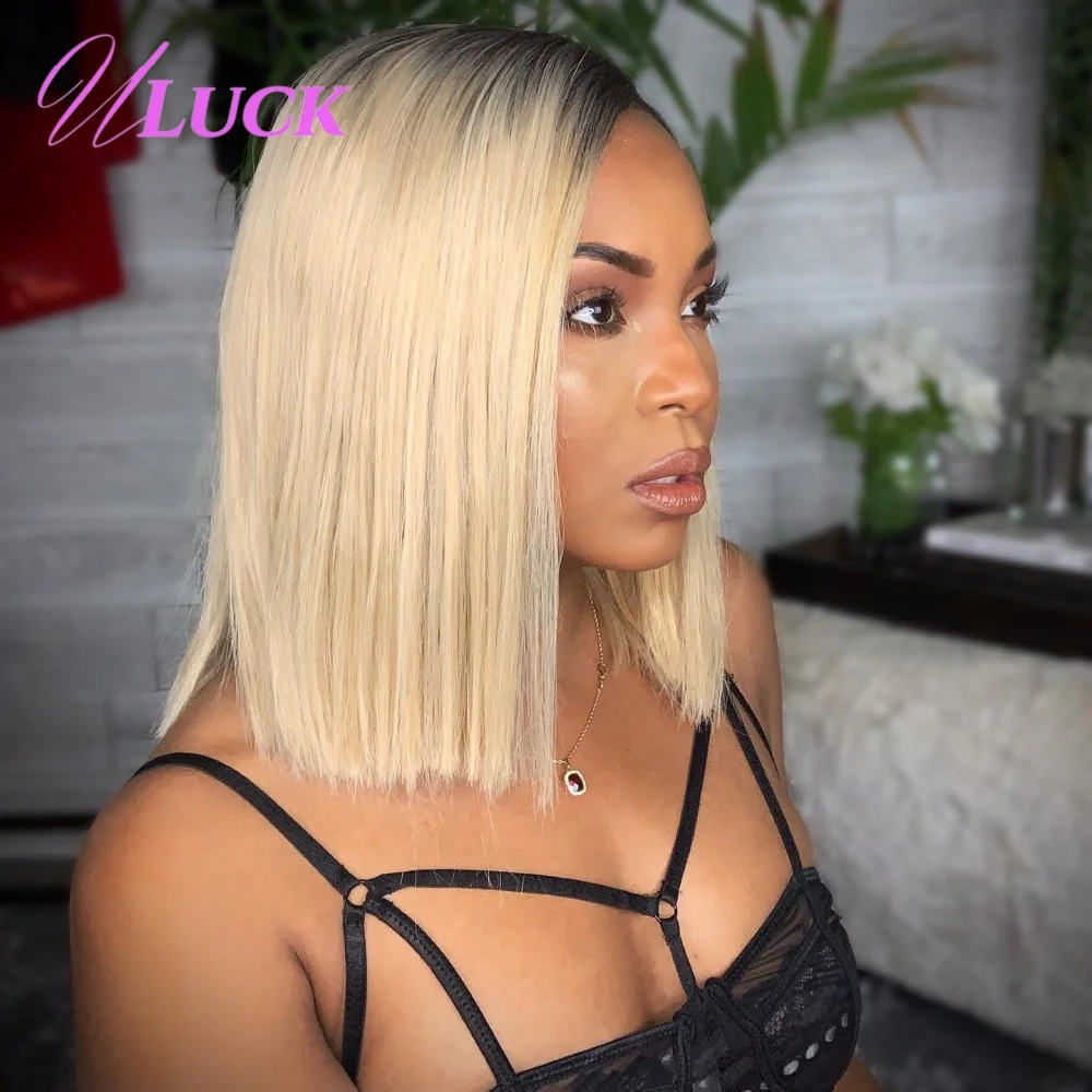 

Uluck Double Drawn Bone Straight Bob Wig Remy Human Hair Wigs 1b 613 Blonde Color 200% Density 13x4 Lace Frontal Wigs Wear To Go